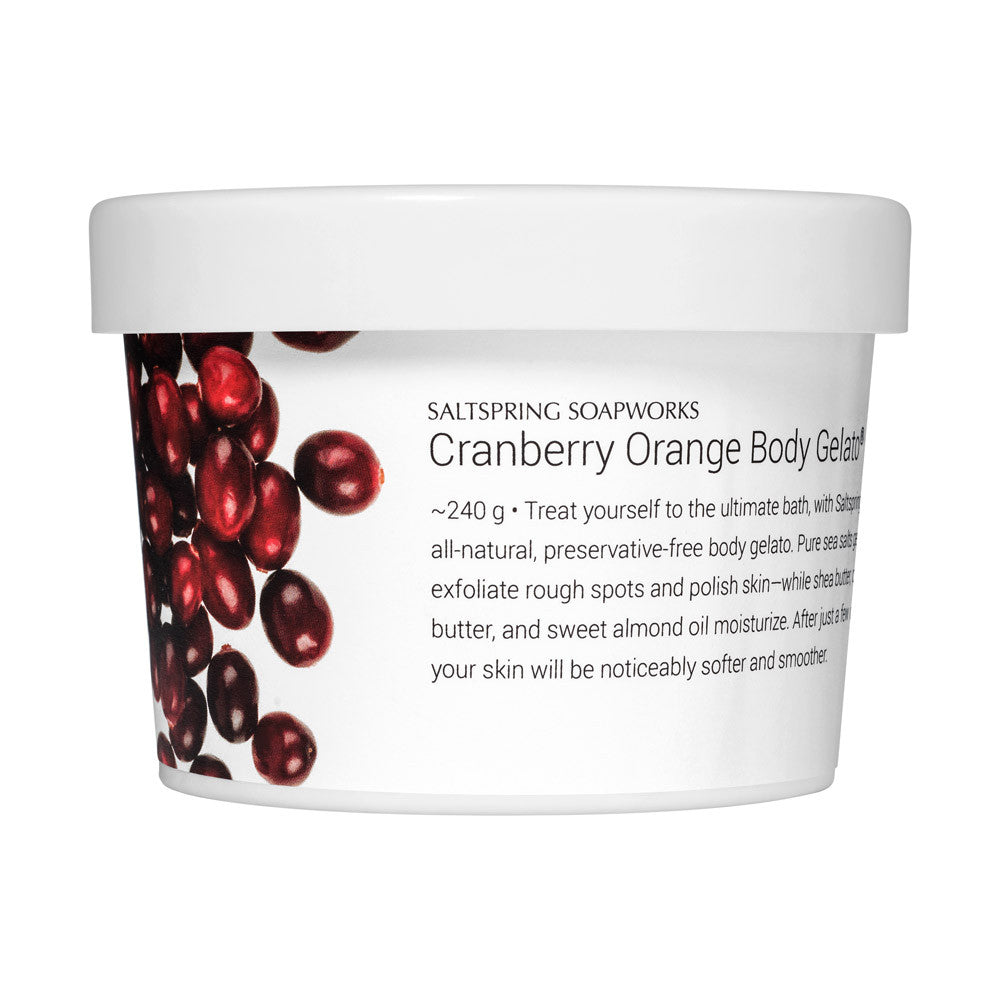 Our Cranberry Orange Body Gelato is all-natural and preservative-free, featuring shea butter, cocoa butter, and sweet almond oil to nourish and moisturize.